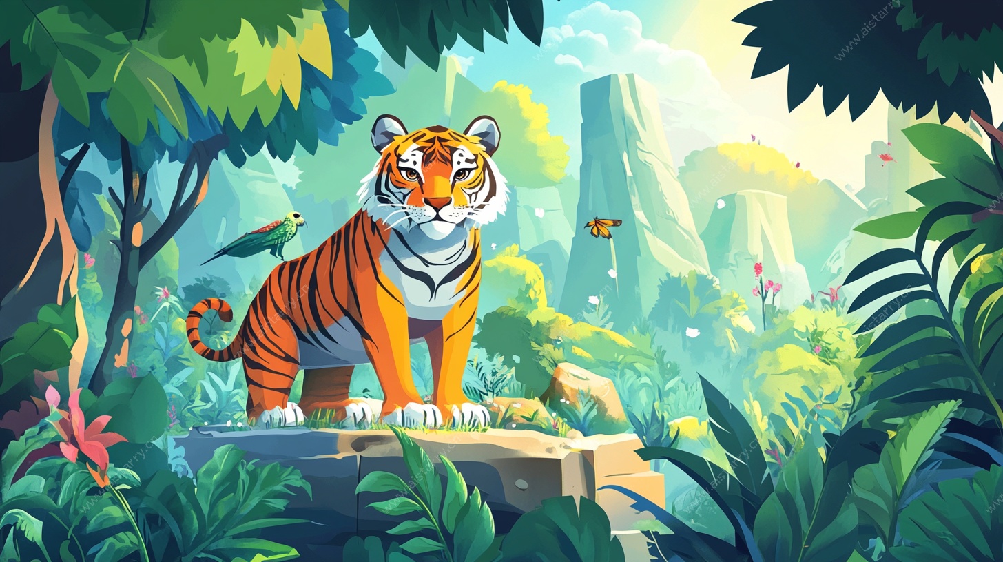 丛林中的威猛老虎插画