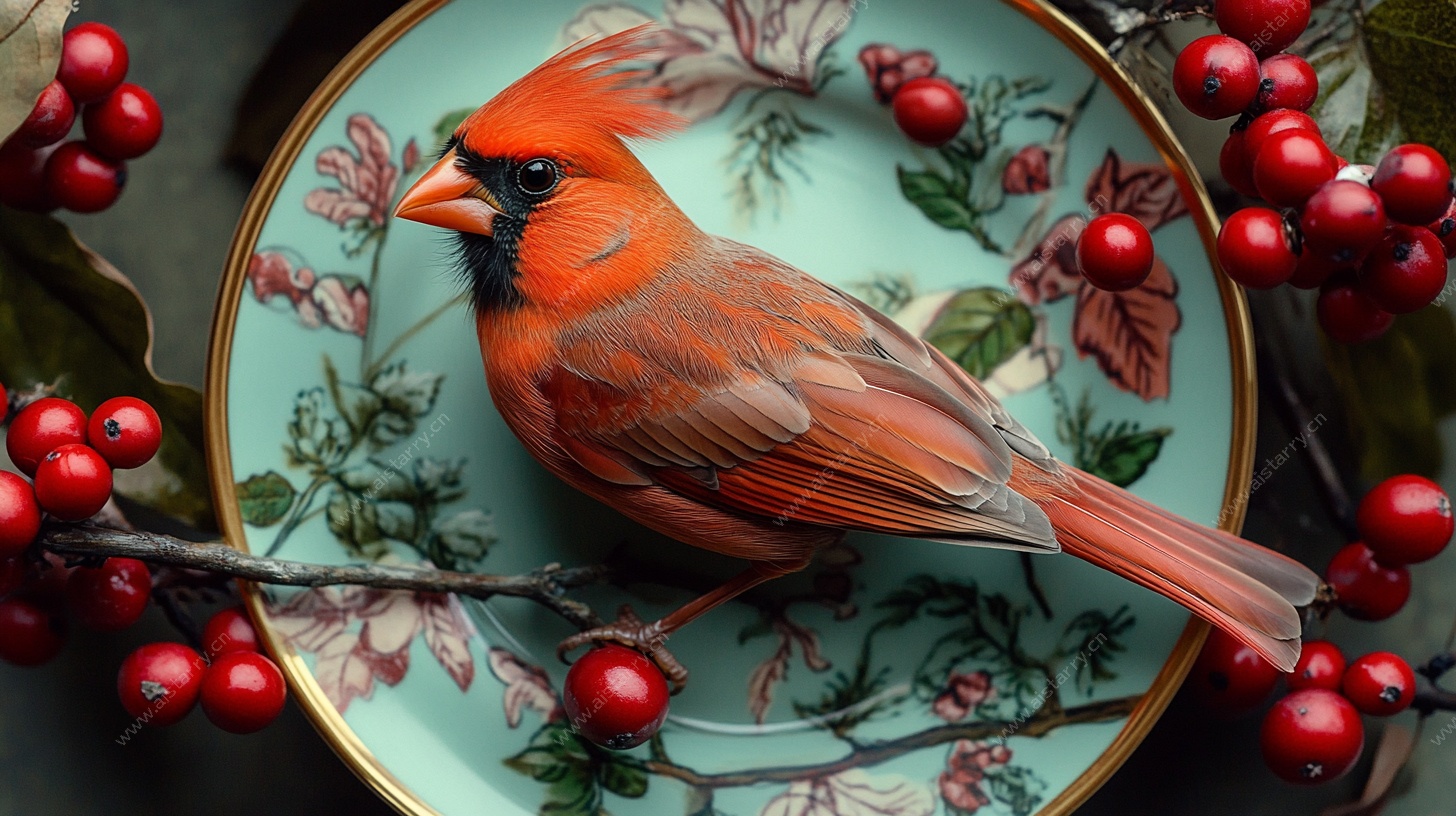 红雀栖于繁花瓷盘之上