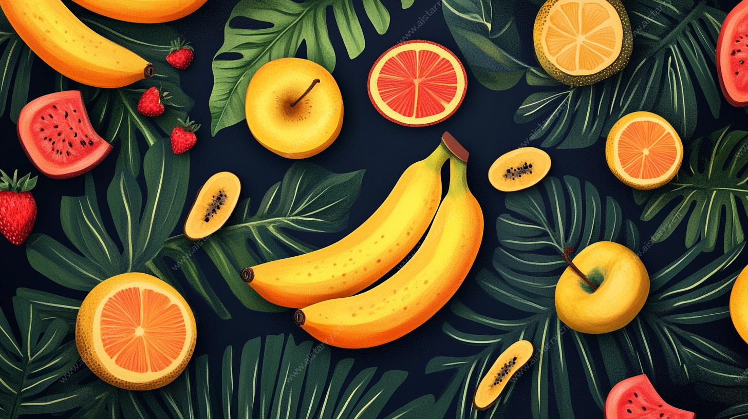 热带水果与绿叶插画图案