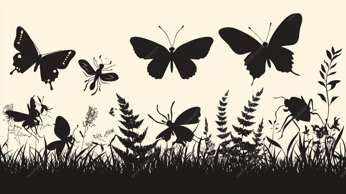 蝴蝶昆虫草丛剪影图