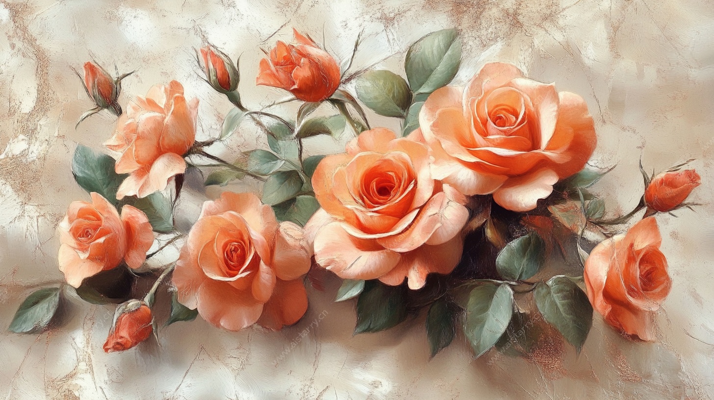 复古风橙色玫瑰花卉图