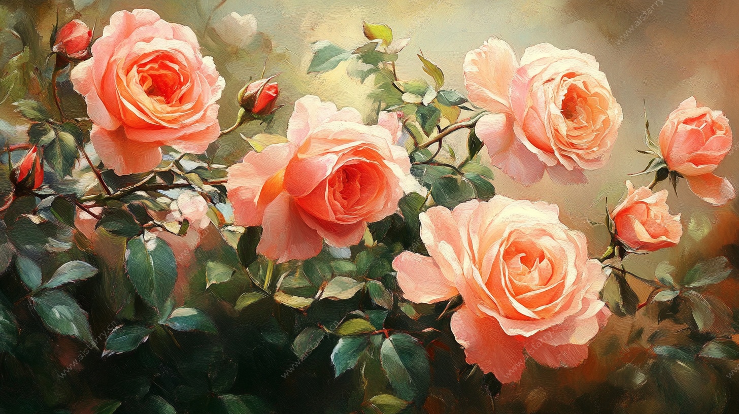 粉色玫瑰油画风花卉图