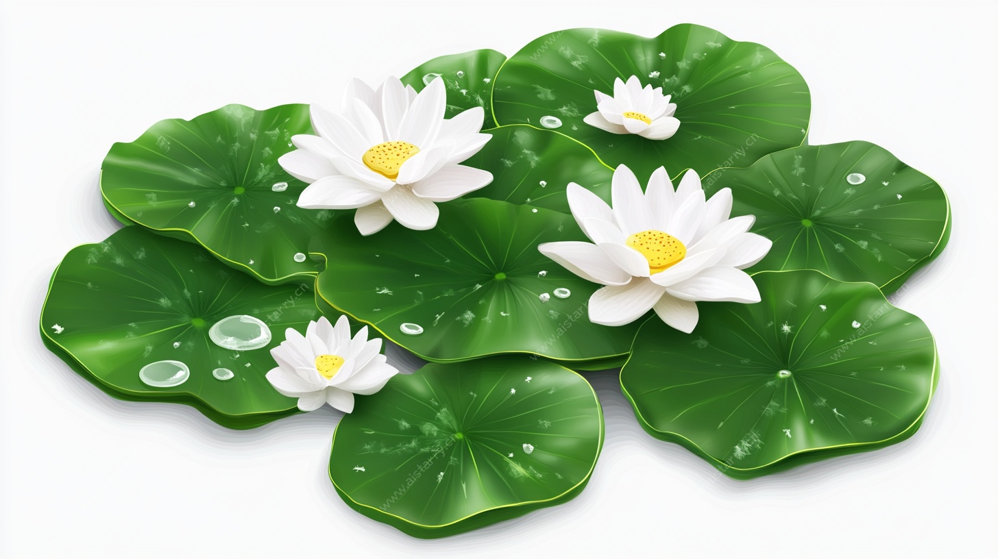 清新白睡莲与荷叶插画