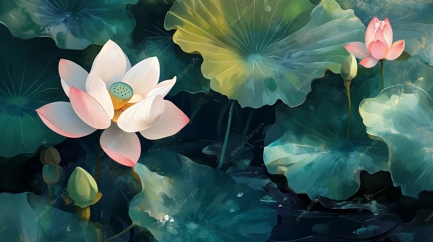 梦幻荷塘水彩荷花图景