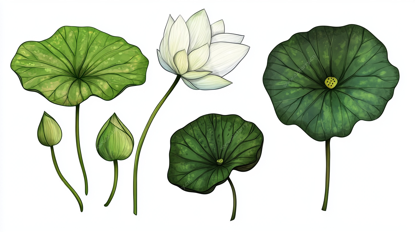 手绘荷花荷叶插画素材