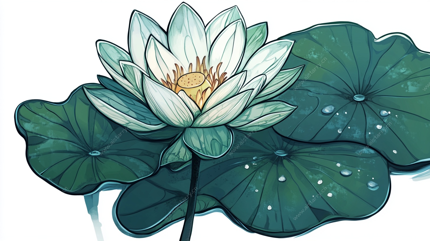 手绘清新白莲花与莲叶