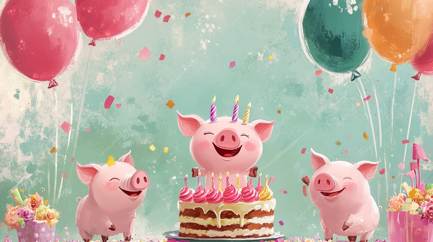 三只小猪欢乐庆生插画