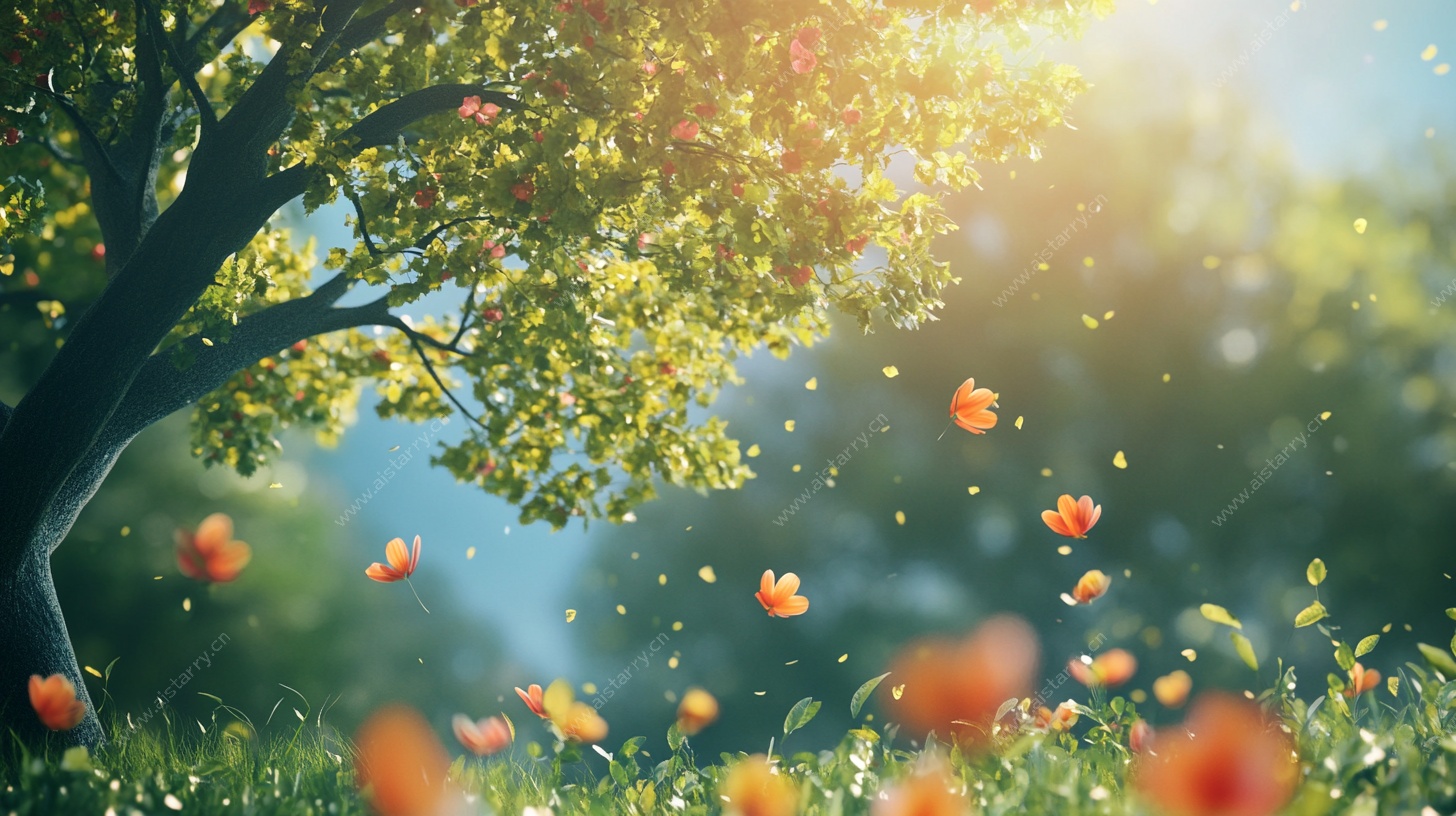 阳光树下落英缤纷的美景