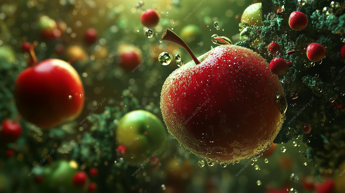 红苹果在绿叶间晶莹欲滴