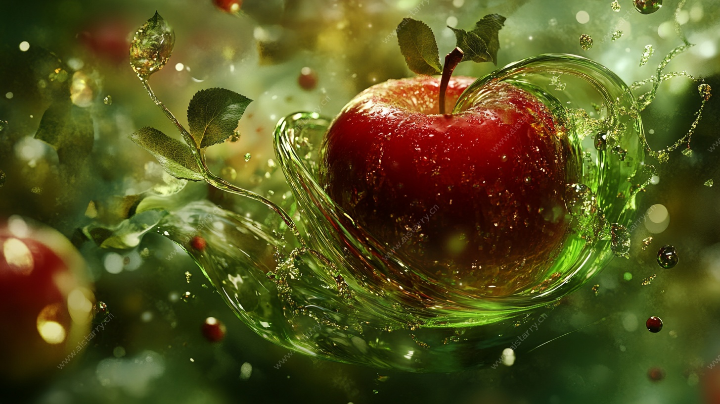 红苹果溅起绿色晶莹水花
