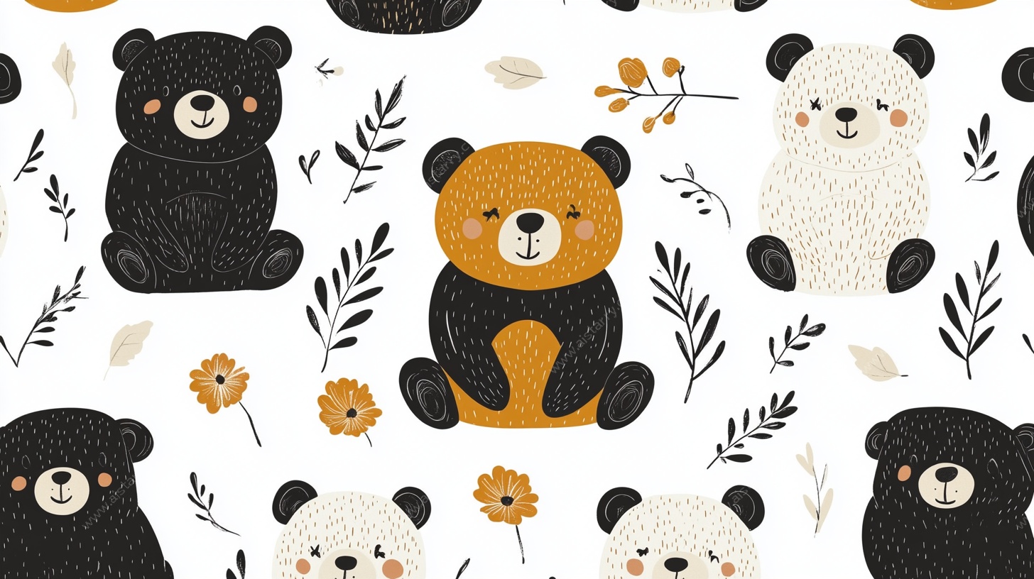 可爱萌熊花卉无缝图案