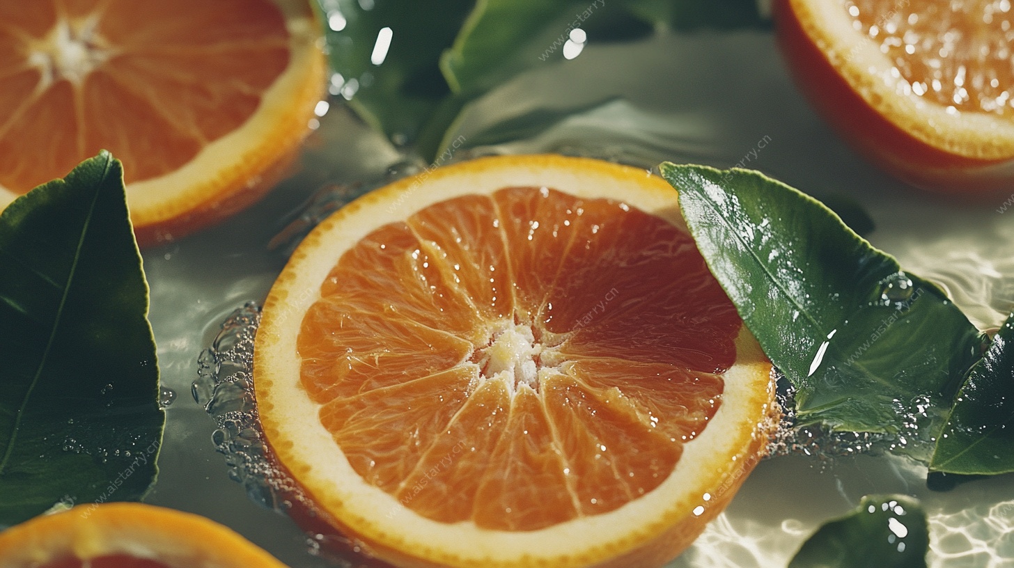 漂浮的鲜橙切片与绿叶