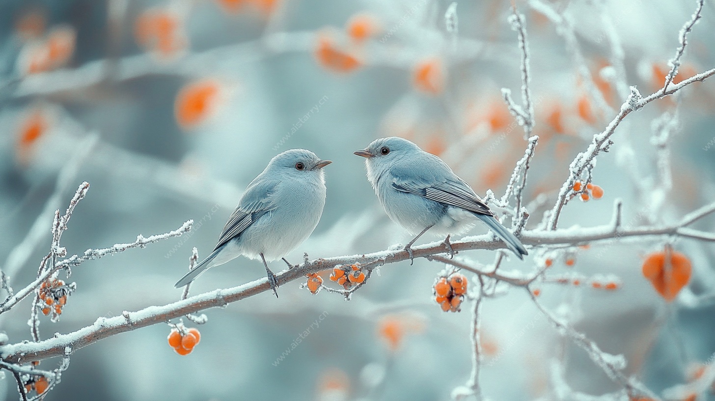 霜枝上的双鸟私语