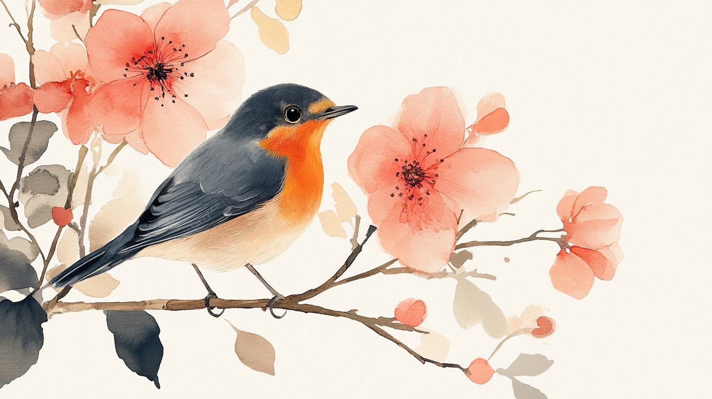 花鸟图 枝头小鸟伴繁花