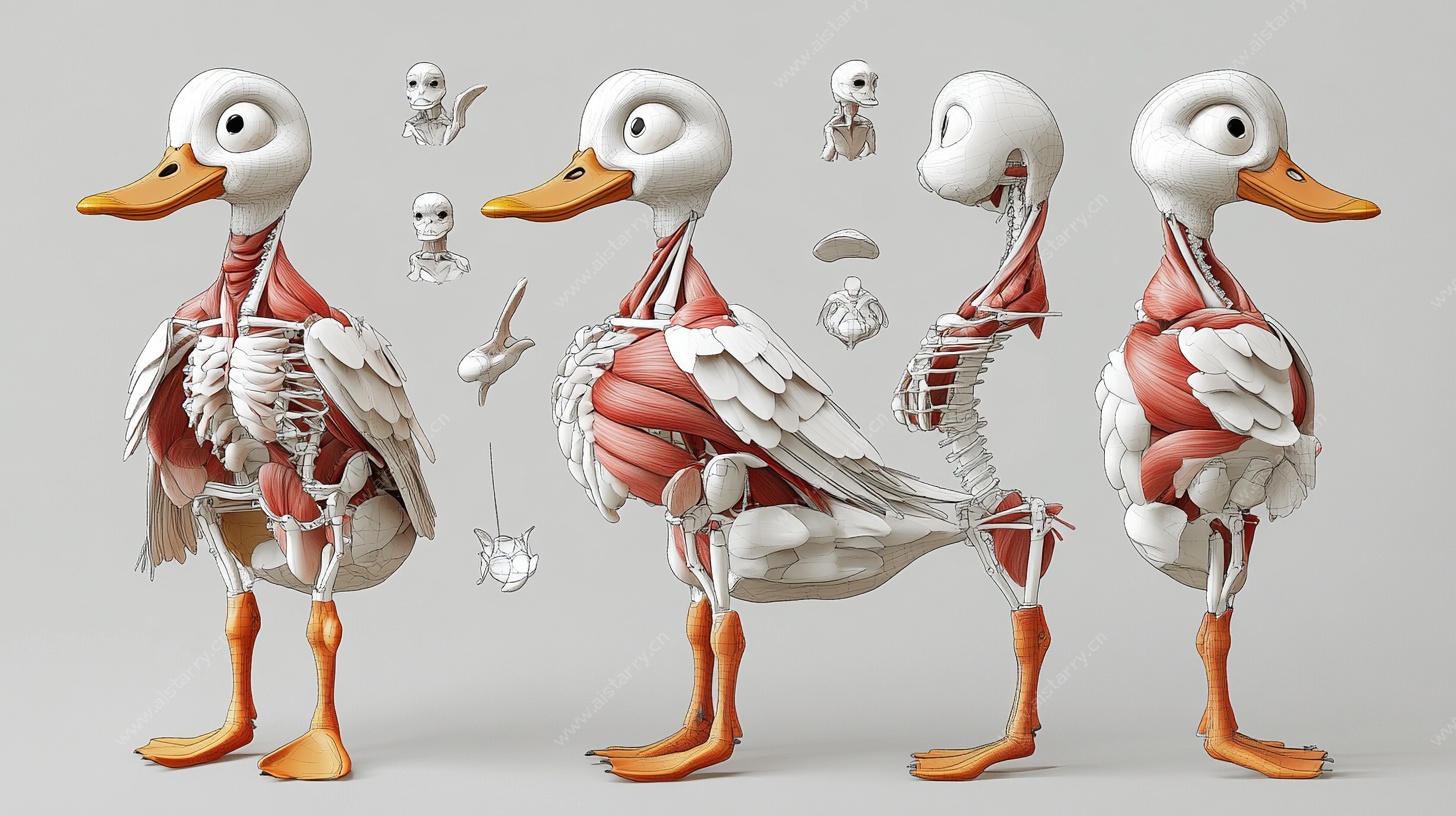 卡通鸭的骨骼肌肉解构展示