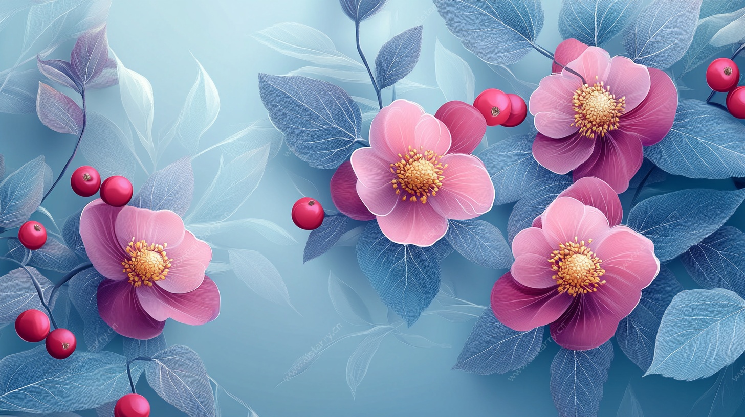 梦幻蓝粉花卉插画