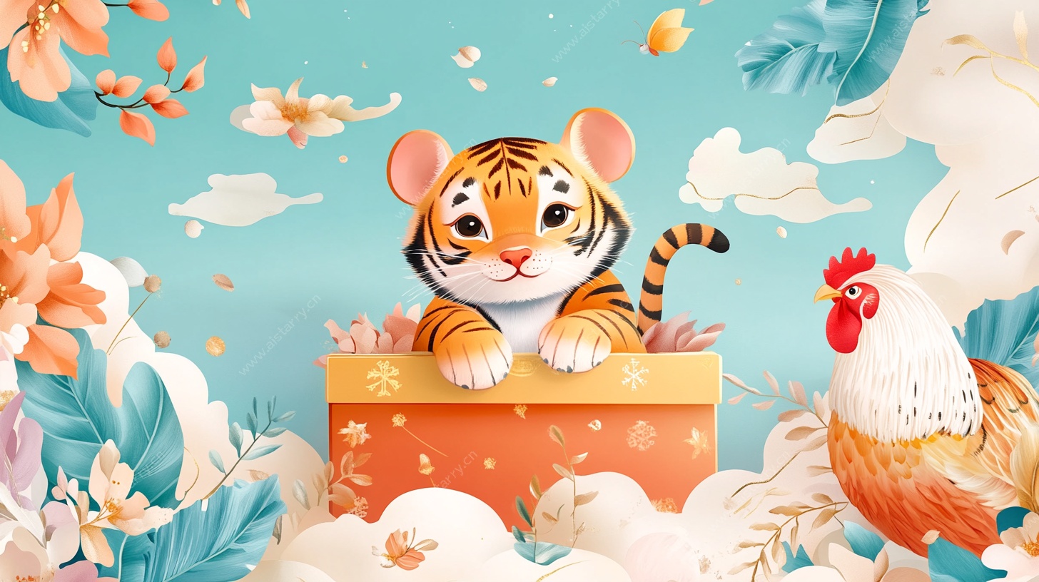 萌虎出盒与鸡共绘春景