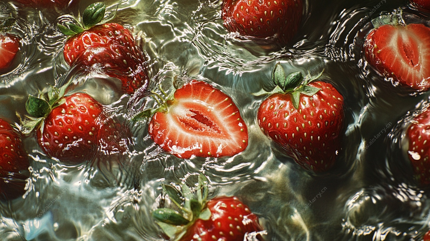 水中鲜草莓的灵动瞬间