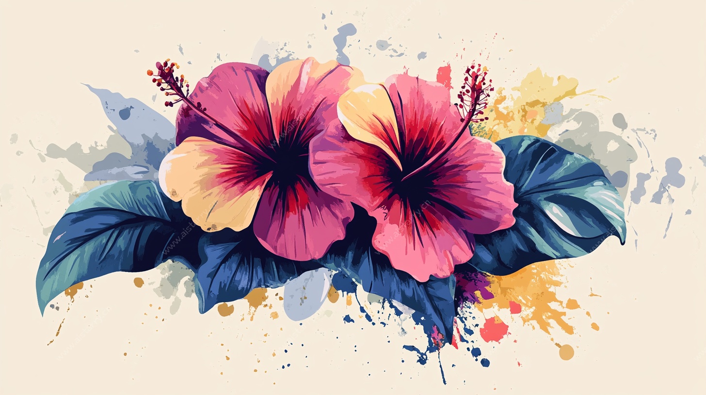 水彩风格双朵扶桑花插画