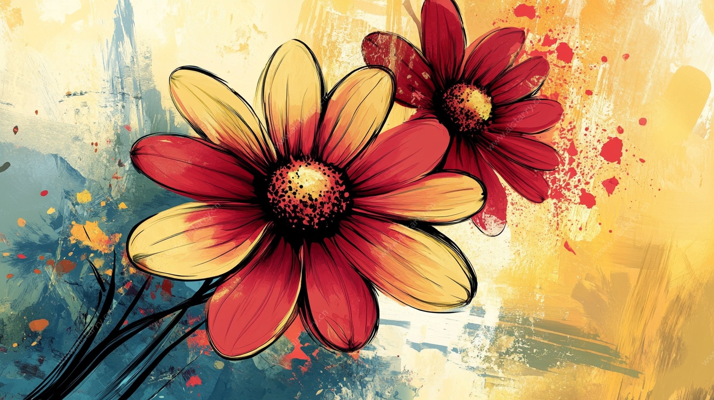 手绘绚丽双花插画