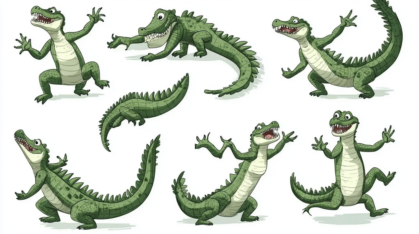 卡通鳄鱼的多样动态姿态
