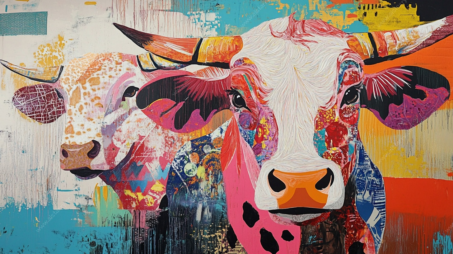 多彩奶牛涂鸦艺术画作