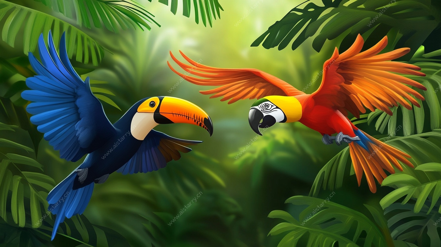 热带飞鸟在雨林中翱翔