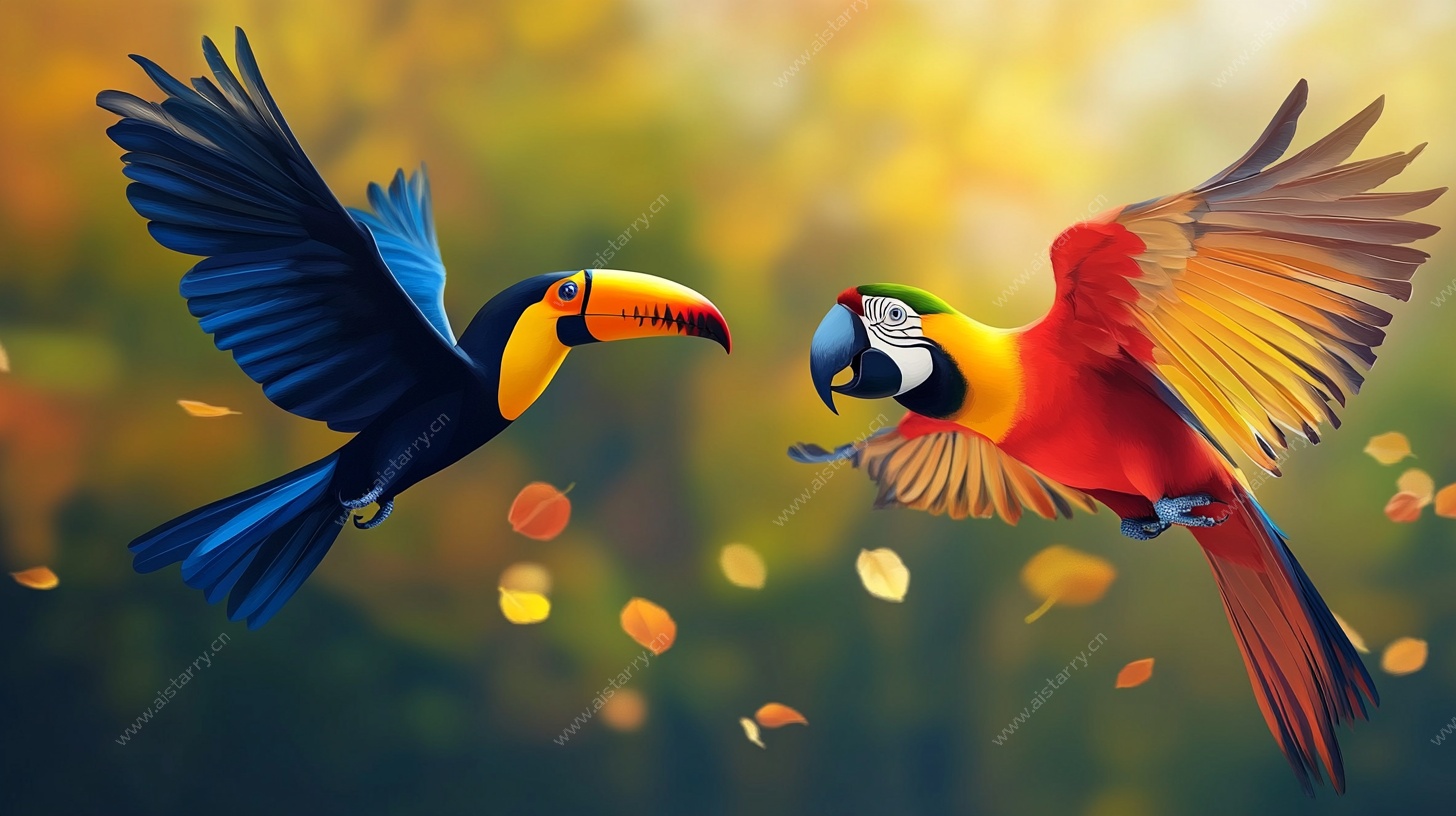 飞翔的多彩巨嘴鸟与鹦鹉