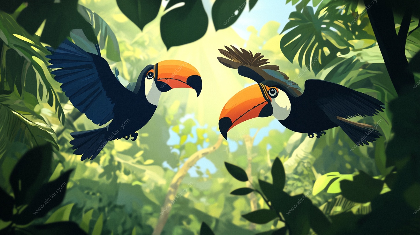 巨嘴鸟在热带雨林中飞翔