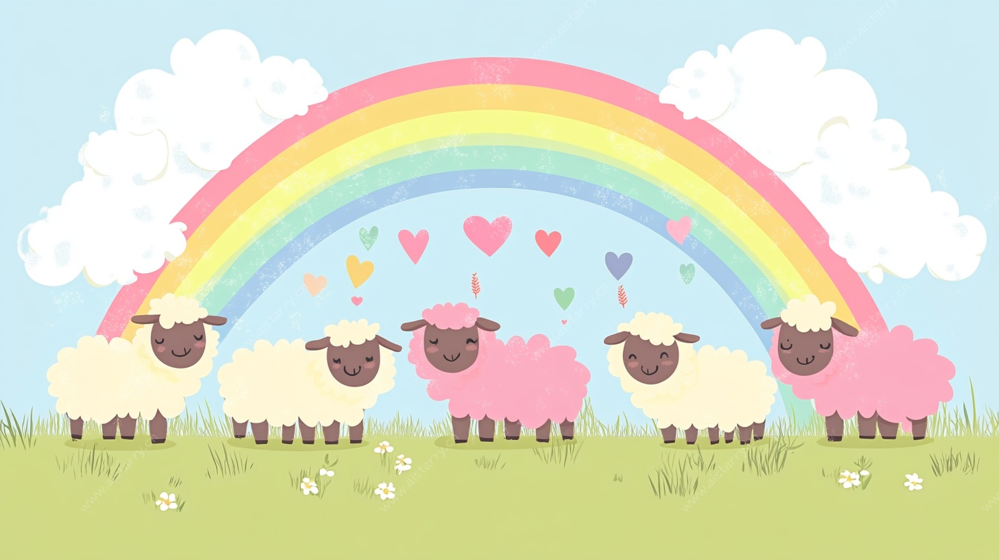 彩虹下的可爱绵羊群