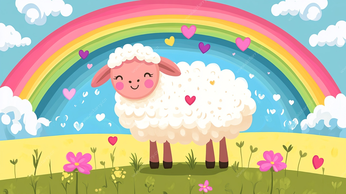 彩虹下的可爱绵羊插画