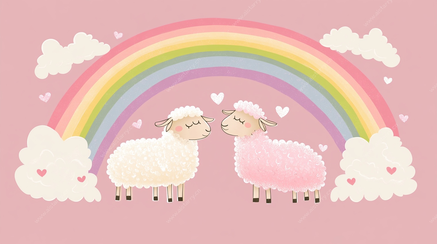 彩虹下的甜蜜绵羊