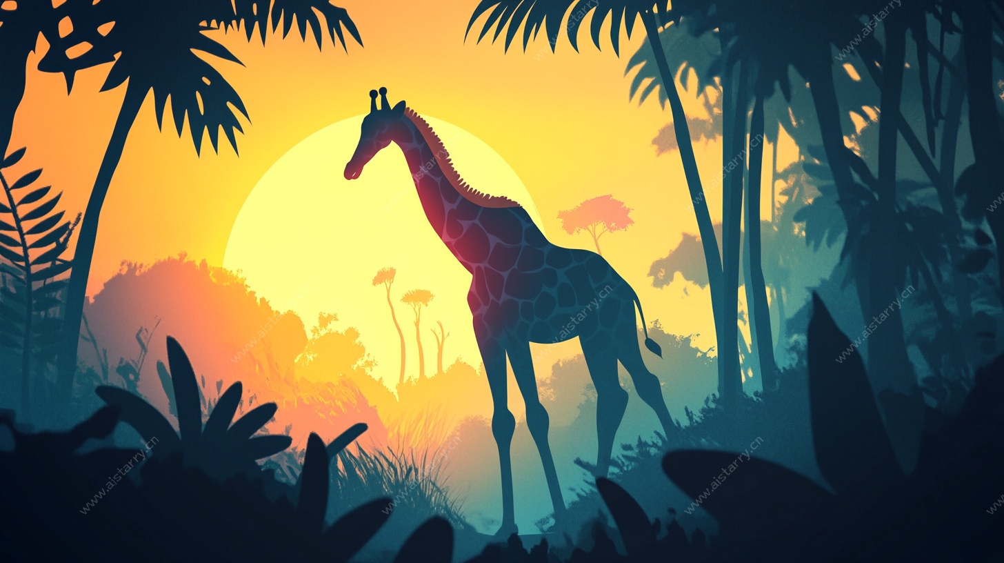 夕阳下的长颈鹿丛林剪影