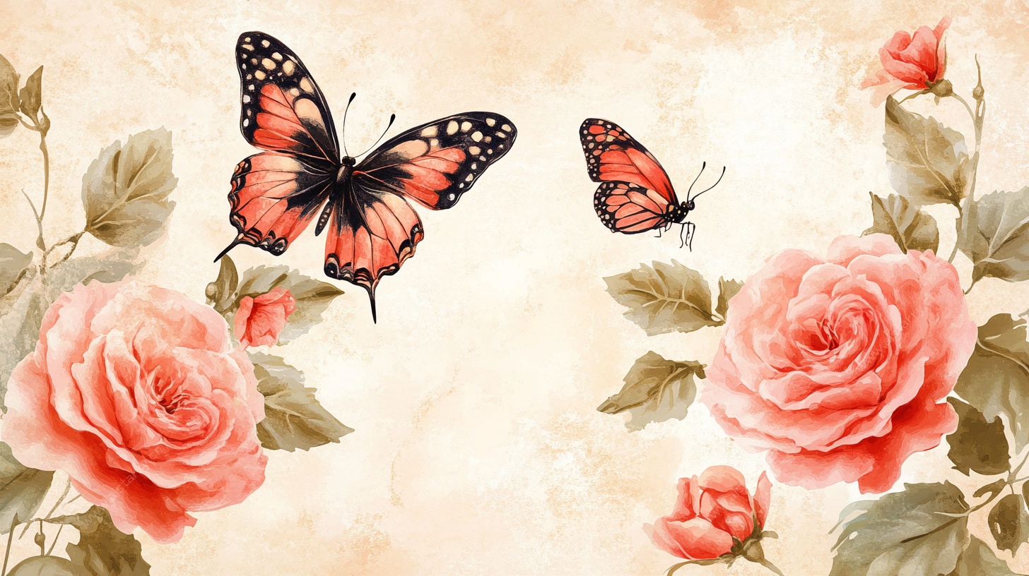 复古风玫瑰蝴蝶插画