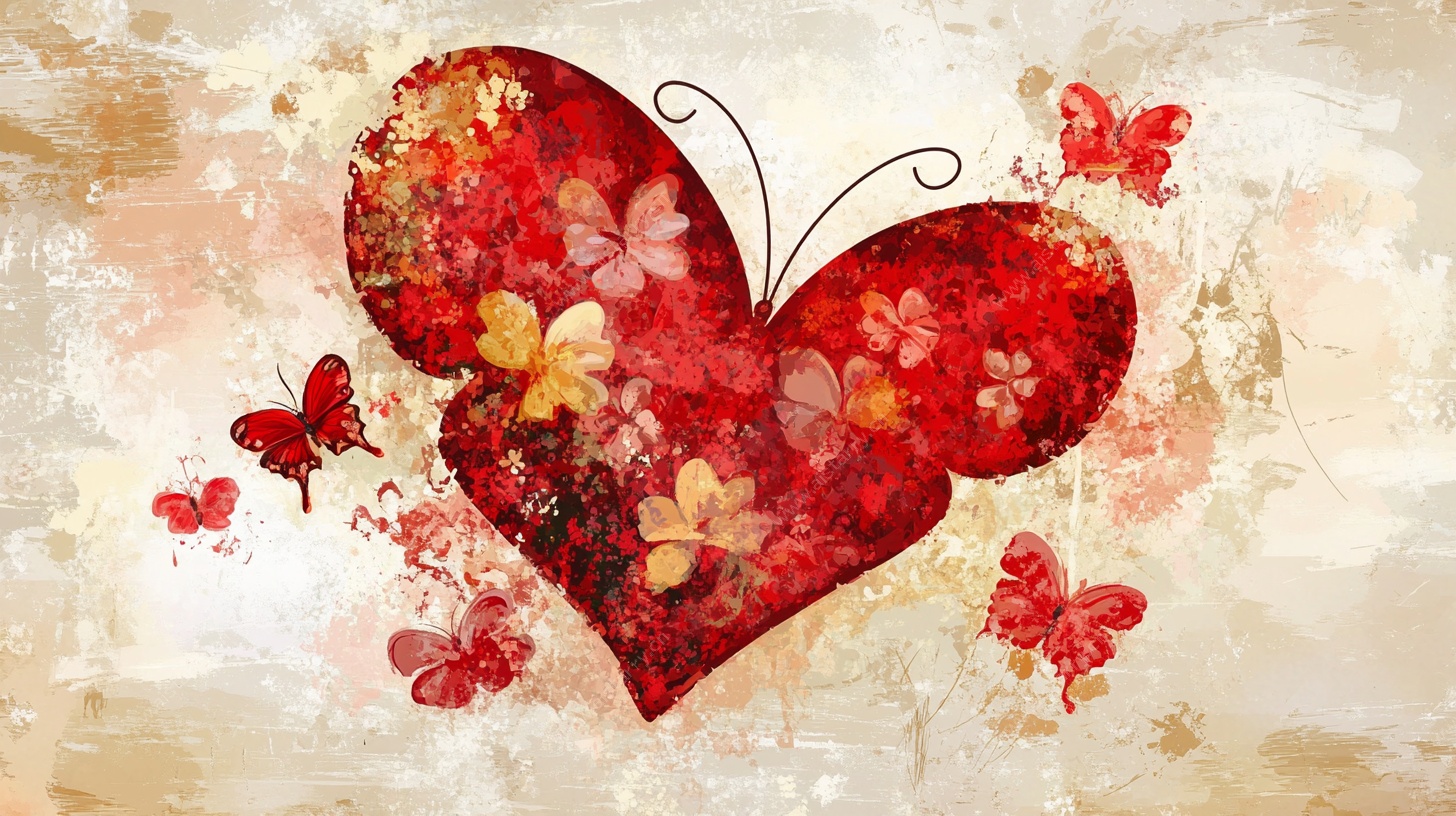 心形蝴蝶花卉艺术插画