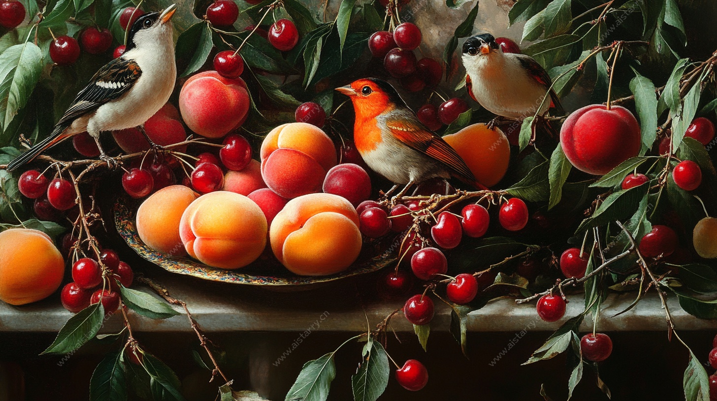 果盘上的鸟与鲜果静物图