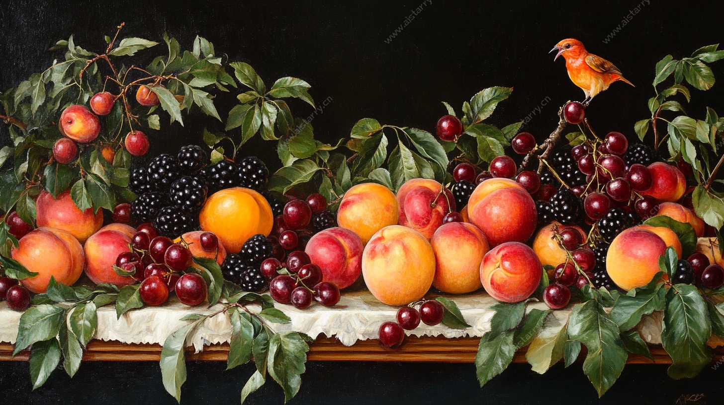静物水果与鸟的油画组合