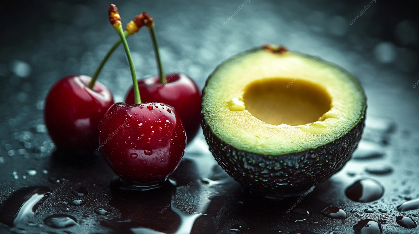 牛油果与樱桃的静物组合