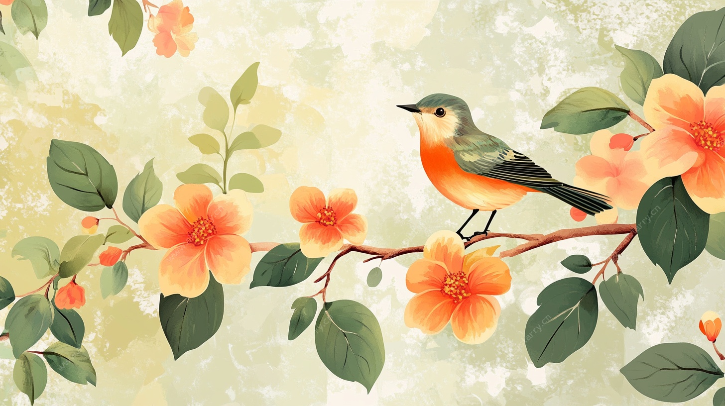 枝头小鸟与繁花插画