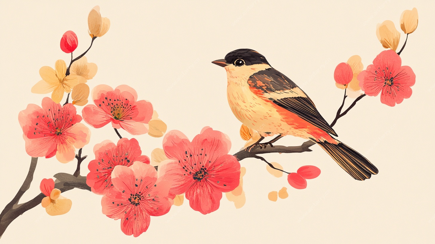 枝头小鸟伴繁花