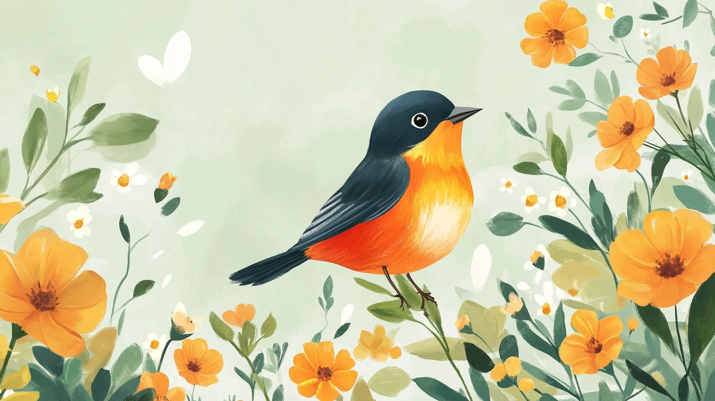 花鸟插画 小鸟栖于花丛间