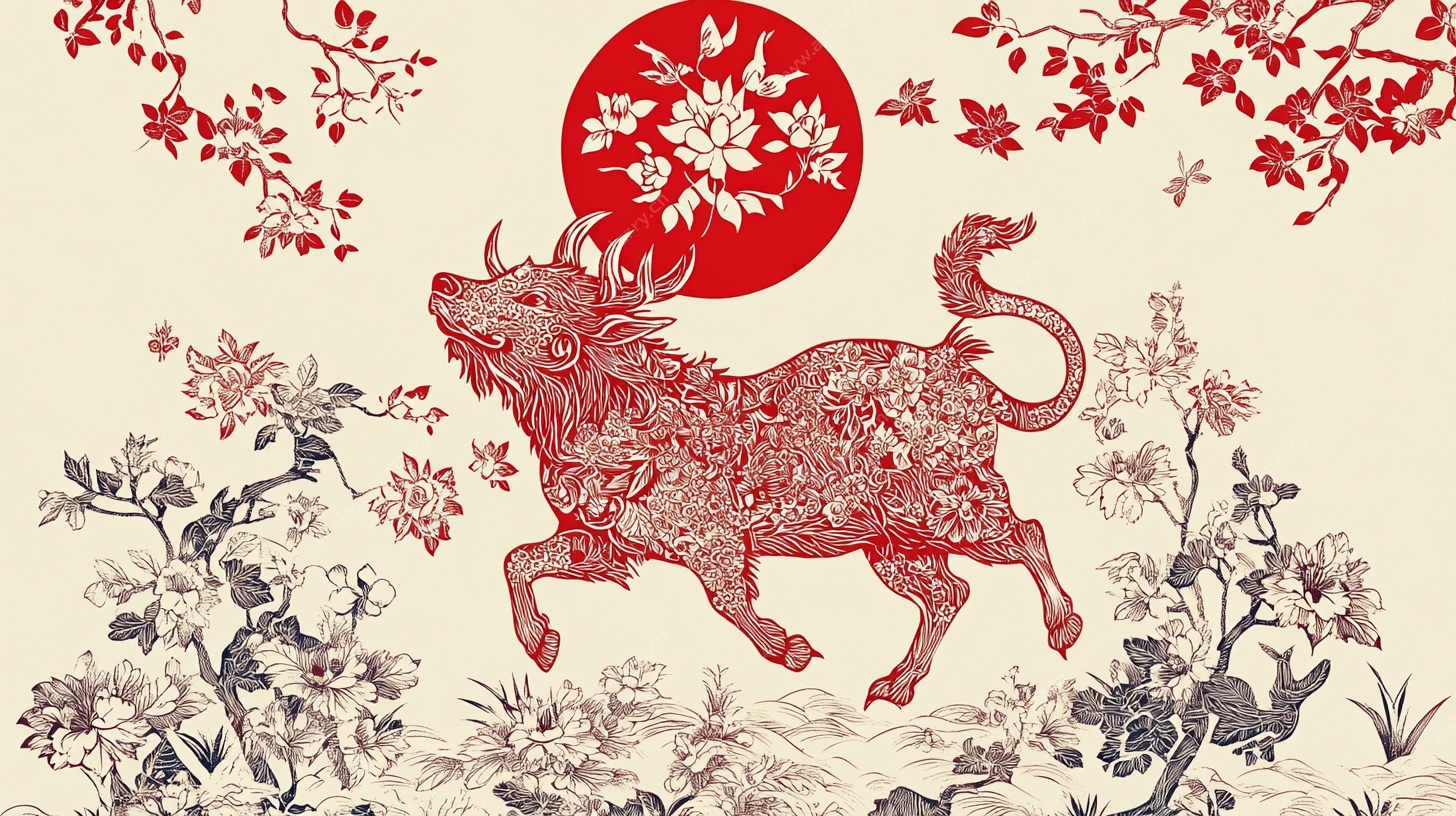 牛年剪纸风祥瑞插画