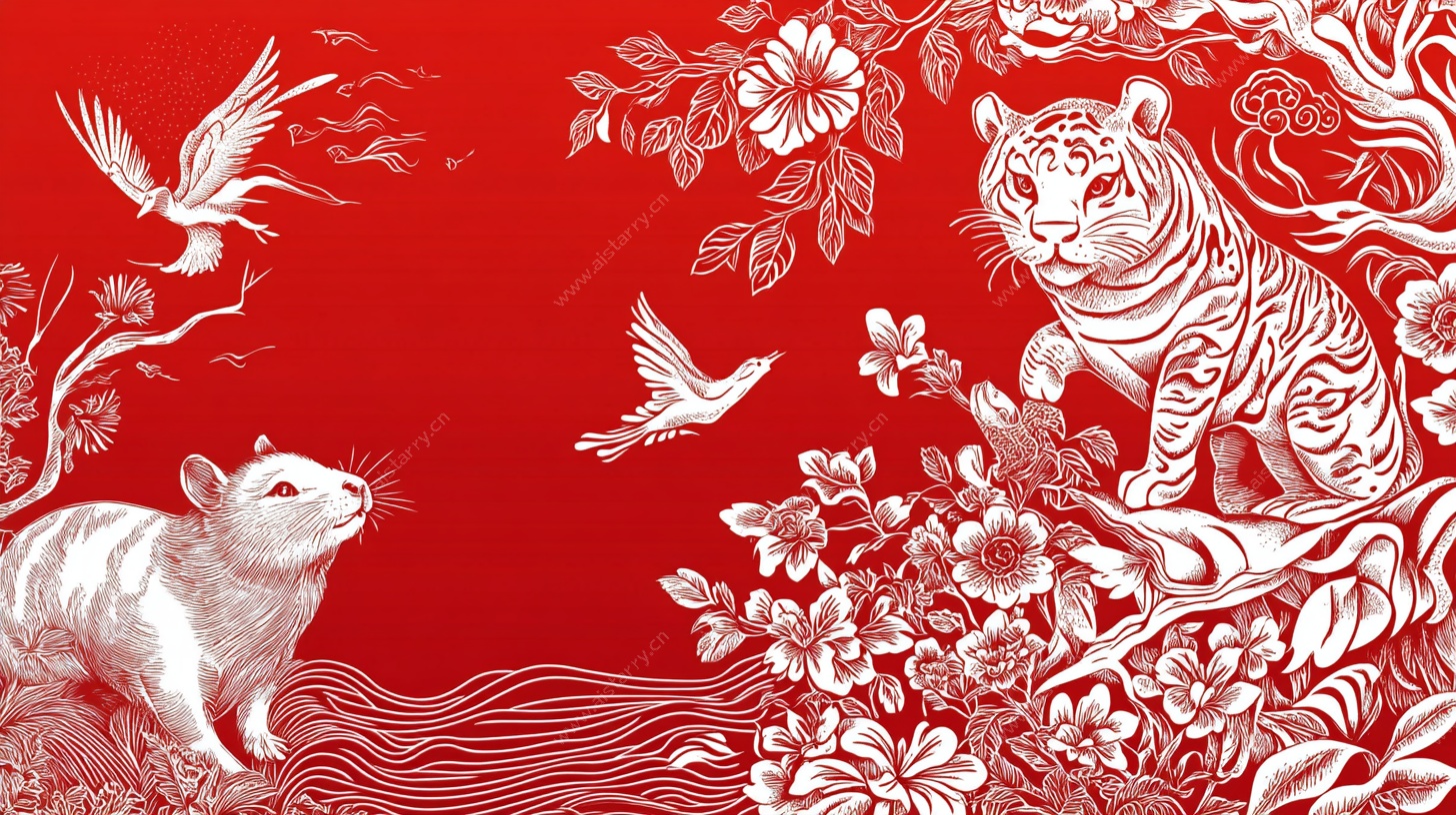 虎兔同框花鸟图