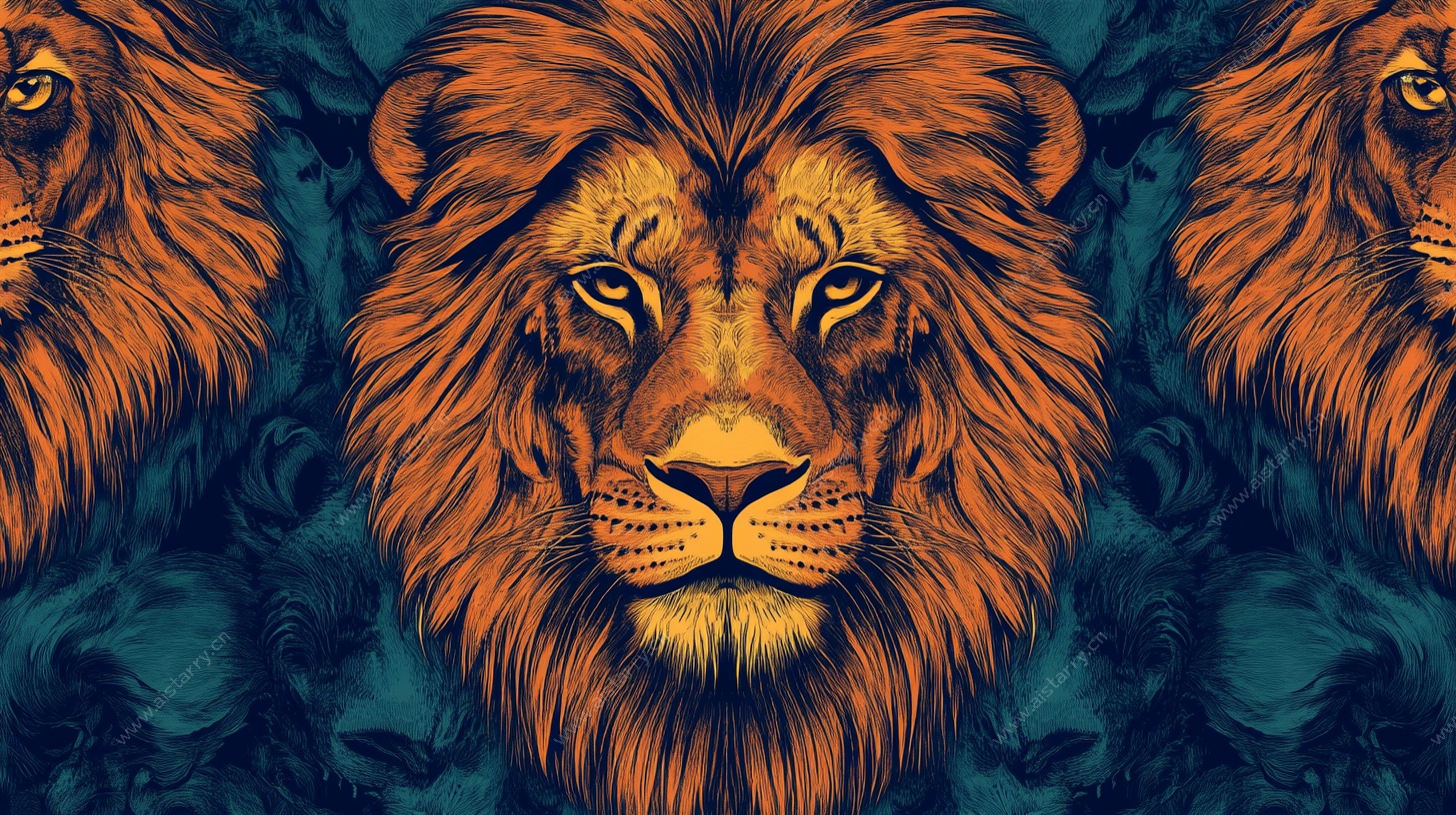 三头雄狮插画图案