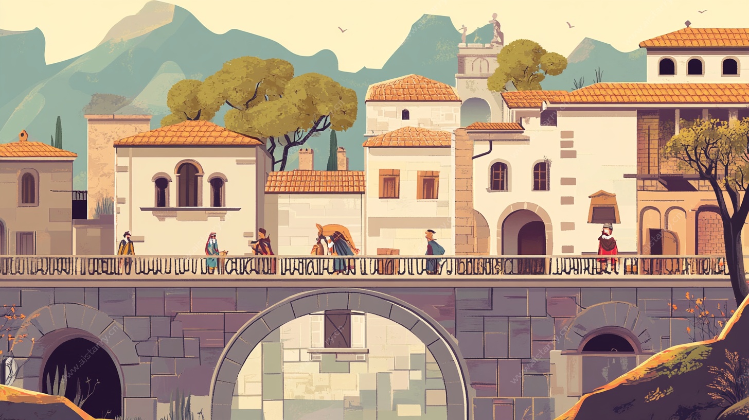 河畔小镇风景插画