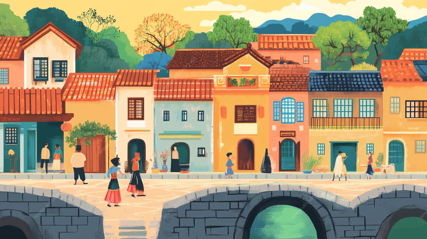 河畔古村风情插画