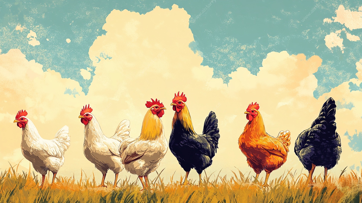 田野上的多彩鸡群