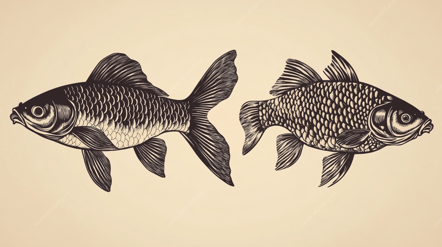 两条复古风手绘金鱼图案