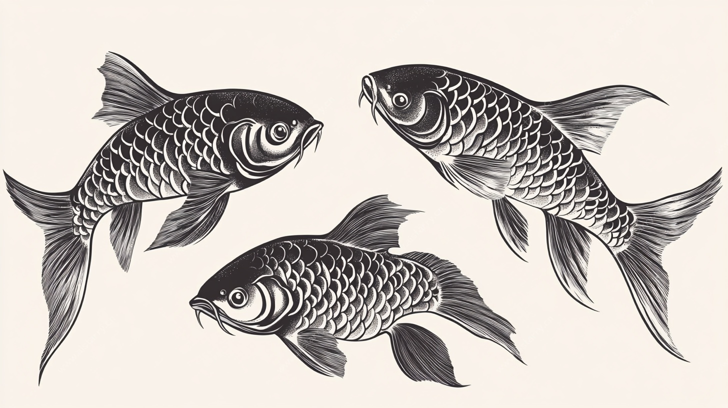 三条墨绘锦鲤图案设计