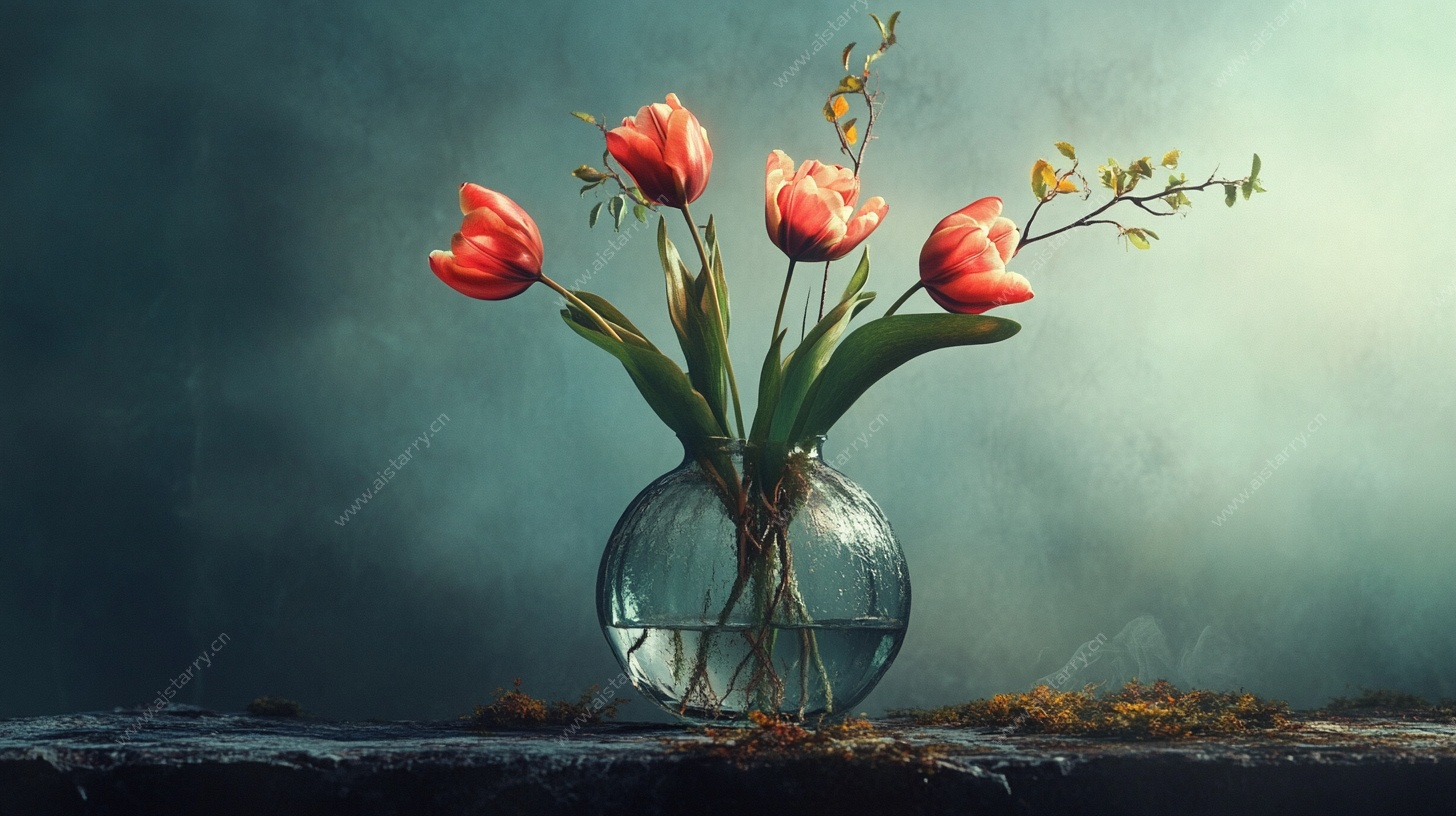 玻璃花瓶中的娇艳红郁金香